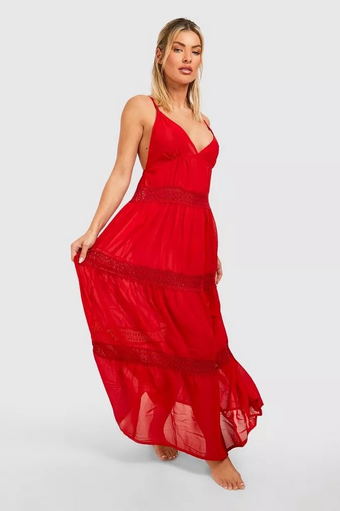 Chiffon Plunge Lace Tiered Trim Maxi Beach Dress