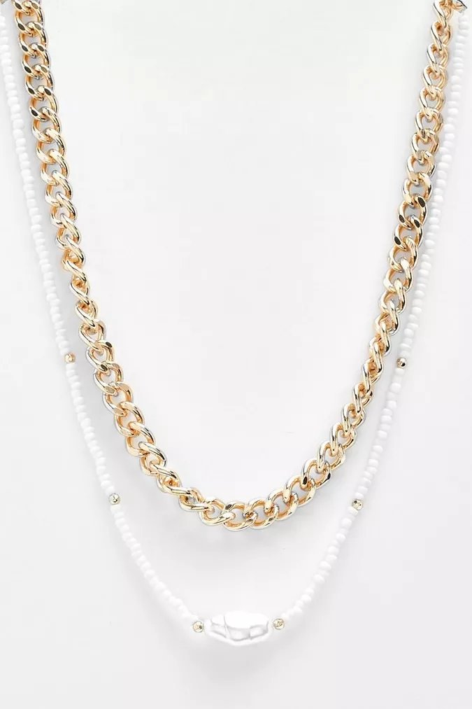 Pearl Bead And Chain Multirow Necklace