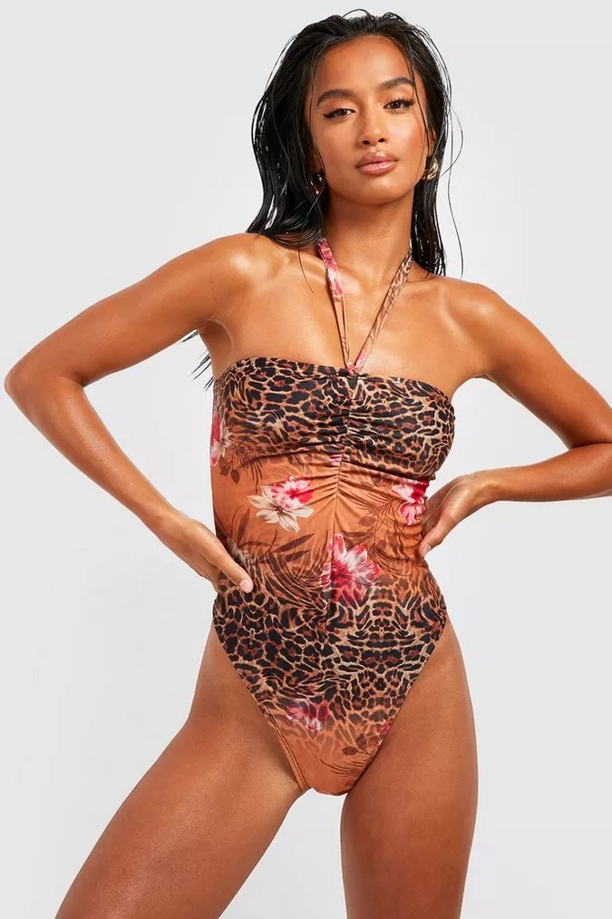 Petite Tropical Leopard Bandeau Halterneck Tie Swimsuit